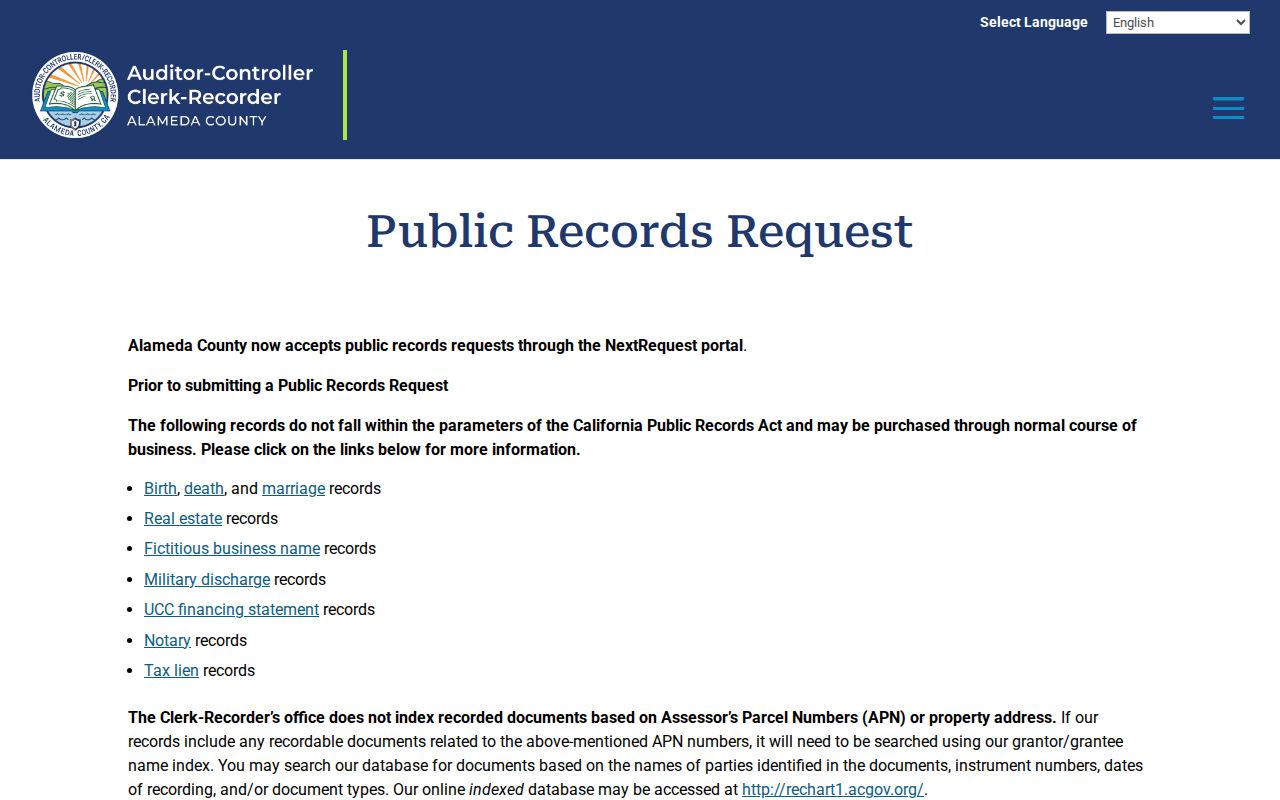 Newark records request routing through Alameda County NextRequest