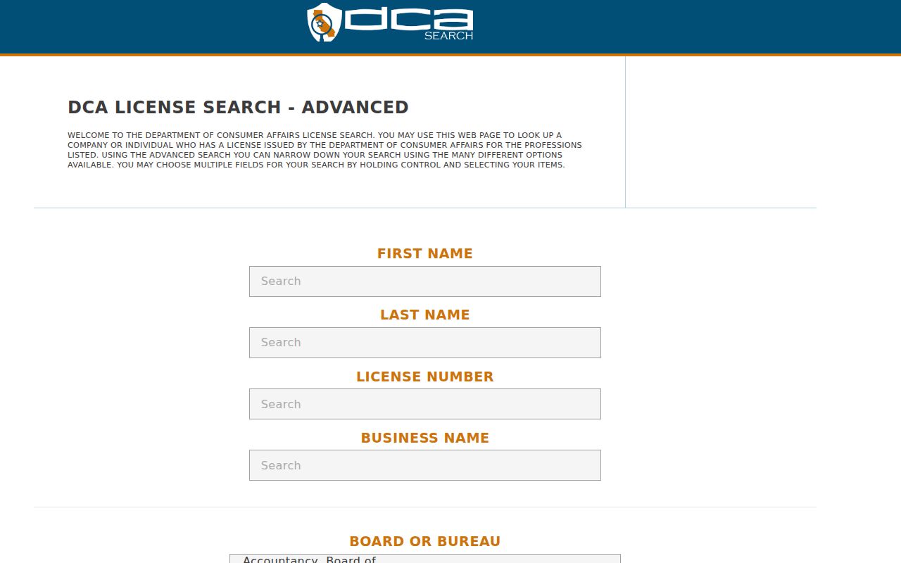 Newark records search fields in the California DCA license portal
