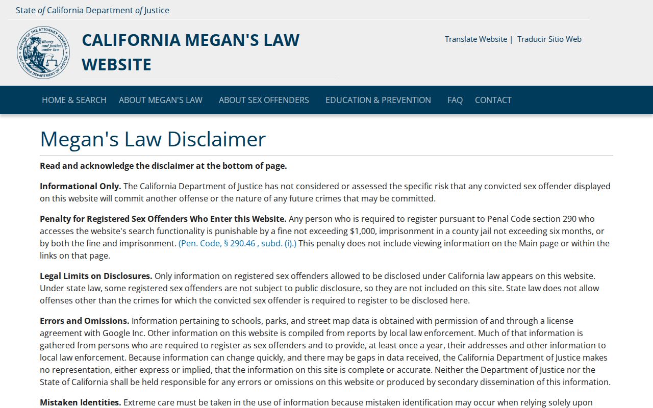 Newark records entry screen for the California Megan's Law registry